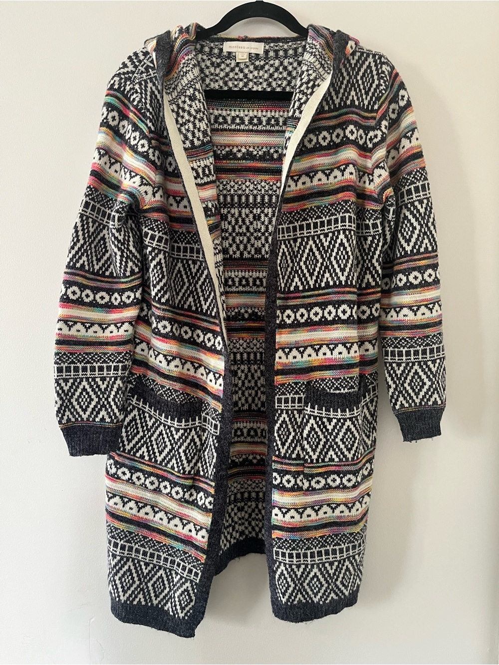 Monteau Hooded Fair Isle Cardigan Medium Black White Cozy Nordic Cabin Ski